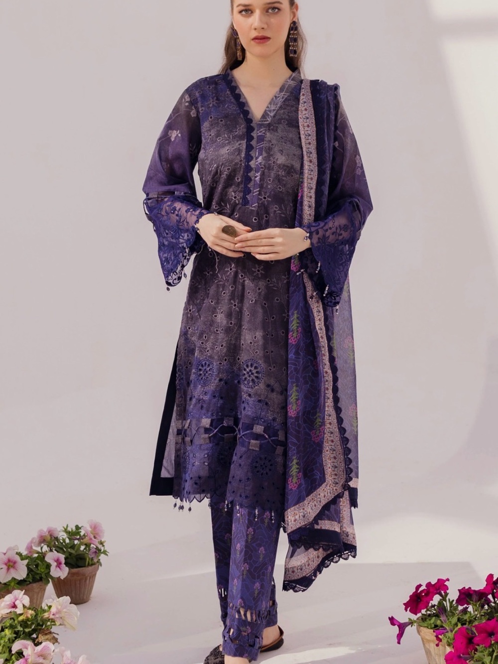 Elegant Purple Embroidered Lawn Suit with Scarf